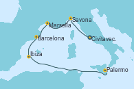 Visitando Civitavecchia (Roma), Savona (Italia), Marsella (Francia), Barcelona, Ibiza (España), Palermo (Italia)