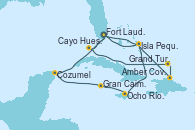 Visitando Fort Lauderdale (Florida/EEUU), Isla Pequeña (San Salvador/Bahamas), Ocho Ríos (Jamaica), Gran Caimán (Islas Caimán), Cozumel (México), Fort Lauderdale (Florida/EEUU), Cayo Hueso (Key West/Florida), Grand Turks(Turks & Caicos), Amber Cove (República Dominicana), Isla Pequeña (San Salvador/Bahamas), Fort Lauderdale (Florida/EEUU)