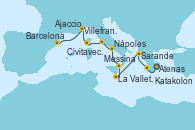Visitando Atenas (Grecia), Katakolon (Olimpia/Grecia), Sarande (Albania), La Valletta (Malta), Messina (Sicilia), Nápoles (Italia), Civitavecchia (Roma), Ajaccio (Córcega), Villefranche (Niza/Mónaco/Francia), Barcelona