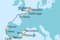 Visitando Southampton (Inglaterra), Ijmuiden (Ámsterdam), Zeebrugge (Bruselas), Le Havre (Francia), Oporto (Portugal), Lisboa (Portugal), Cádiz (España), Málaga, Ibiza (España), Palma de Mallorca (España), Barcelona