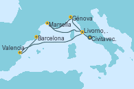 Visitando Civitavecchia (Roma), Génova (Italia), Marsella (Francia), Livorno, Pisa y Florencia (Italia), Valencia, Barcelona