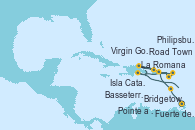 Visitando Bridgetown (Barbados), Fuerte de France (Martinica), Pointe a Pitre (Guadalupe), Road Town (Isla Tórtola/Islas Vírgenes), La Romana (República Dominicana), Virgin Gorda (Islas Virgenes), Philipsburg (St. Maarten), Basseterre (Antillas), Road Town (Isla Tórtola/Islas Vírgenes), Isla Catalina (República Dominicana), La Romana (República Dominicana), Isla Catalina (República Dominicana), Bridgetown (Barbados)