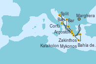 Visitando Marghera (Venecia/Italia), Bari (Italia), Corfú (Grecia), Zakinthos (Grecia), Argostoli (Grecia), Bar ( Montenegro), Split (Croacia), Marghera (Venecia/Italia), Bari (Italia), Bahía de Souda (Grecia), Mykonos (Grecia), Katakolon (Olimpia/Grecia), Marghera (Venecia/Italia)