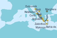 Visitando Marghera (Venecia/Italia), Bari (Italia), Dubrovnik (Croacia), Zakinthos (Grecia), Argostoli (Grecia), Corfú (Grecia), Split (Croacia), Marghera (Venecia/Italia), Bari (Italia), Bahía de Souda (Grecia), Mykonos (Grecia), Katakolon (Olimpia/Grecia), Marghera (Venecia/Italia)