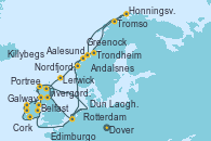 Visitando Dover (Inglaterra), Rotterdam (Holanda), Aalesund (Noruega), Trondheim (Noruega), Honningsvag (Noruega), Tromso (Noruega), Andalsnes (Noruega), Nordfjordeid, Lerwick (Escocia), Invergordon (Escocia), Dover (Inglaterra), Rotterdam (Holanda), Edimburgo (Escocia), Invergordon (Escocia), Portree (Reino Unido), Belfast (Irlanda), Greenock (Escocia), Killybegs (Irlanda), Galway (Irlanda), Cork (Irlanda), Dun Laoghaire (Dublin/Irlanda), Dover (Inglaterra)