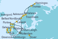 Visitando Rotterdam (Holanda), Aalesund (Noruega), Trondheim (Noruega), Honningsvag (Noruega), Tromso (Noruega), Andalsnes (Noruega), Nordfjordeid, Lerwick (Escocia), Invergordon (Escocia), Dover (Inglaterra), Rotterdam (Holanda), Edimburgo (Escocia), Invergordon (Escocia), Portree (Reino Unido), Belfast (Irlanda), Greenock (Escocia), Killybegs (Irlanda), Galway (Irlanda), Cork (Irlanda), Dun Laoghaire (Dublin/Irlanda), Dover (Inglaterra), Rotterdam (Holanda)