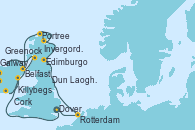 Visitando Dover (Inglaterra), Rotterdam (Holanda), Edimburgo (Escocia), Invergordon (Escocia), Portree (Reino Unido), Belfast (Irlanda), Greenock (Escocia), Killybegs (Irlanda), Galway (Irlanda), Cork (Irlanda), Dun Laoghaire (Dublin/Irlanda), Dover (Inglaterra)