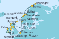 Visitando Dover (Inglaterra), Rotterdam (Holanda), Edimburgo (Escocia), Invergordon (Escocia), Portree (Reino Unido), Belfast (Irlanda), Greenock (Escocia), Killybegs (Irlanda), Galway (Irlanda), Cork (Irlanda), Dun Laoghaire (Dublin/Irlanda), Dover (Inglaterra), Rotterdam (Holanda), Aalesund (Noruega), Trondheim (Noruega), Honningsvag (Noruega), Tromso (Noruega), Andalsnes (Noruega), Haugesund (Noruega), Lerwick (Escocia), Invergordon (Escocia), Dover (Inglaterra)