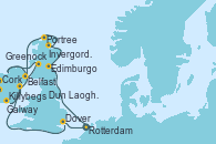 Visitando Rotterdam (Holanda), Edimburgo (Escocia), Invergordon (Escocia), Portree (Reino Unido), Belfast (Irlanda), Greenock (Escocia), Killybegs (Irlanda), Galway (Irlanda), Cork (Irlanda), Dun Laoghaire (Dublin/Irlanda), Dover (Inglaterra), Rotterdam (Holanda)