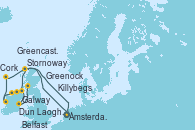 Visitando Ámsterdam (Holanda), Stornoway (Isla de Lewis/Escocia), Belfast (Irlanda), Dun Laoghaire (Dublin/Irlanda), Greenock (Escocia), Greencastle (Irlanda), Killybegs (Irlanda), Galway (Irlanda), Cork (Irlanda), Ámsterdam (Holanda)