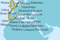 Visitando Rotterdam (Holanda), Copenhague (Dinamarca), Aarhus (Dinamarca), Tilbury (Gran Bretaña), Tilbury (Gran Bretaña), Portland, Dorset (Reino Unido), Le Havre (Francia), Le Verdon (Francia), Bilbao (España), Lisboa (Portugal), Cádiz (España), Tánger (Marruecos), Málaga, Barcelona, Barcelona, Gibraltar (Inglaterra), Eclipse Solar (navegación), Puerto Leixões (Portugal), Dover (Inglaterra), Rotterdam (Holanda), Newhaven (Reino Unido), Newhaven (Reino Unido), Invergordon (Escocia), Portree (Reino Unido), Belfast (Irlanda), Greenock (Escocia), Liverpool (Reino Unido), Dun Laoghaire (Dublin/Irlanda), Cork (Irlanda), Dover (Inglaterra), Rotterdam (Holanda)