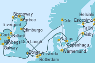 Visitando Dover (Inglaterra), Rotterdam (Holanda), Copenhague (Dinamarca), Aarhus (Dinamarca), Warnemunde (Alemania), Tallin (Estonia), Helsinki (Finlandia), Estocolmo (Suecia), Visby (Suecia), Oslo (Noruega), Dover (Inglaterra), Ámsterdam (Holanda), Edimburgo (Escocia), Invergordon (Escocia), Stornoway (Isla de Lewis/Escocia), Portree (Reino Unido), Belfast (Irlanda), Killybegs (Irlanda), Galway (Irlanda), Dun Laoghaire (Dublin/Irlanda), Cork (Irlanda), Dover (Inglaterra)