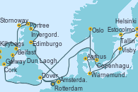 Visitando Rotterdam (Holanda), Copenhague (Dinamarca), Aarhus (Dinamarca), Warnemunde (Alemania), Tallin (Estonia), Helsinki (Finlandia), Estocolmo (Suecia), Visby (Suecia), Oslo (Noruega), Dover (Inglaterra), Ámsterdam (Holanda), Edimburgo (Escocia), Invergordon (Escocia), Stornoway (Isla de Lewis/Escocia), Portree (Reino Unido), Belfast (Irlanda), Killybegs (Irlanda), Galway (Irlanda), Dun Laoghaire (Dublin/Irlanda), Cork (Irlanda), Dover (Inglaterra), Rotterdam (Holanda)