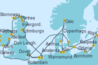 Visitando Dover (Inglaterra), Ámsterdam (Holanda), Edimburgo (Escocia), Invergordon (Escocia), Stornoway (Isla de Lewis/Escocia), Portree (Reino Unido), Belfast (Irlanda), Killybegs (Irlanda), Galway (Irlanda), Dun Laoghaire (Dublin/Irlanda), Cork (Irlanda), Dover (Inglaterra), Rotterdam (Holanda), Oslo (Noruega), Aarhus (Dinamarca), Kiel (Alemania), Warnemunde (Alemania), Bornholm (Dinamarca), Gdynia (Polonia), Klaipeda (Lituania), Riga (Letonia), Copenhague (Dinamarca), Dover (Inglaterra)