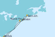 Visitando Boston (Massachusetts), Saint John (New Brunswick/Canadá), Norfolk (Virginia/EEUU), Nueva York (Estados Unidos), Nueva York (Estados Unidos), Boston (Massachusetts)