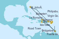Visitando Fuerte de France (Martinica), St. John´s (Antigua y Barbuda), Road Town (Isla Tórtola/Islas Vírgenes), La Romana (República Dominicana), Samana (República Dominicana), Virgin Gorda (Islas Virgenes), Basseterre (Antillas), Philipsburg (St. Maarten), Isla Catalina (República Dominicana), La Romana (República Dominicana), Isla Catalina (República Dominicana), Bridgetown (Barbados), Fuerte de France (Martinica)