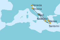 Visitando Bari (Italia), Atenas (Grecia), Santorini (Grecia), Katakolon (Olimpia/Grecia), Ancona (Italia), Venecia (Italia)