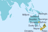 Visitando Auckland (Nueva Zelanda), Auckland (Nueva Zelanda), Tauranga (Nueva Zelanda), Napier (Nueva Zelanda), Picton (Australia), Wellington (Nueva Zelanda), Christchurch (Nueva Zelanda), Dunedin (Nueva Zelanda), Dusky Sound (Nueva Zelanda), Doubtful Sound (Nueva Zelanda), Milfjord Sound (Nueva Zelanda), Sydney (Australia)
