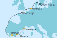 Visitando Copenhague (Dinamarca), Ámsterdam (Holanda), Cherburgo (Francia), Málaga, Alicante (España), Barcelona