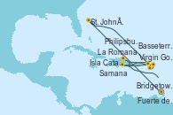 Visitando Bridgetown (Barbados), Fuerte de France (Martinica), St. John´s (Antigua y Barbuda), Virgin Gorda (Islas Virgenes), La Romana (República Dominicana), Samana (República Dominicana), Virgin Gorda (Islas Virgenes), Basseterre (Antillas), Philipsburg (St. Maarten), Isla Catalina (República Dominicana), La Romana (República Dominicana), Isla Catalina (República Dominicana), Bridgetown (Barbados)