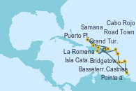 Visitando La Romana (República Dominicana), Isla Catalina (República Dominicana), Samana (República Dominicana), Puerto Plata, Republica Dominicana, Grand Turks(Turks & Caicos), Cabo Rojo, La Romana (República Dominicana), Castries (Santa Lucía/Caribe), Bridgetown (Barbados), Pointe a Pitre (Guadalupe), Basseterre (Antillas), Road Town (Isla Tórtola/Islas Vírgenes), La Romana (República Dominicana)