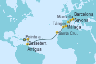 Visitando Pointe a Pitre (Guadalupe), Basseterre (Antillas), Antigua (Antillas), Santa Cruz de Tenerife (España), Tánger (Marruecos), Málaga, Barcelona, Marsella (Francia), Savona (Italia)