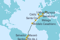 Visitando Savona (Italia), Barcelona, Málaga, Cádiz (España), Lisboa (Portugal), Casablanca (Marruecos), Santa Cruz de Tenerife (España), Mindelo (Cabo Verde), Maceió (Brasil), Salvador de Bahía (Brasil), Río de Janeiro (Brasil), Santos (Brasil)