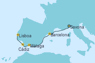Visitando Savona (Italia), Barcelona, Málaga, Cádiz (España), Lisboa (Portugal)