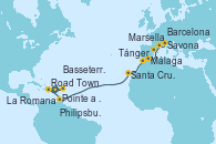 Visitando Pointe a Pitre (Guadalupe), Basseterre (Antillas), Road Town (Isla Tórtola/Islas Vírgenes), La Romana (República Dominicana), Philipsburg (St. Maarten), Santa Cruz de Tenerife (España), Tánger (Marruecos), Málaga, Barcelona, Marsella (Francia), Savona (Italia)