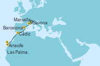 Visitando Savona (Italia), Marsella (Francia), Barcelona, Cádiz (España), Arrecife (Lanzarote/España), Las Palmas de Gran Canaria (España)