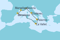 Visitando Savona (Italia), Marsella (Francia), Barcelona, La Valletta (Malta), Palermo (Italia), Civitavecchia (Roma), Savona (Italia)