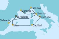 Visitando Barcelona, Ibiza (España), Cagliari (Cerdeña), Civitavecchia (Roma), Génova (Italia), Marsella (Francia), Livorno, Pisa y Florencia (Italia), Valencia