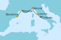 Visitando Civitavecchia (Roma), Livorno, Pisa y Florencia (Italia), Génova (Italia), Marsella (Francia), Barcelona