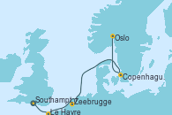 Visitando Southampton (Inglaterra), Le Havre (Francia), Zeebrugge (Bruselas), Copenhague (Dinamarca), Oslo (Noruega)