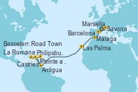 Visitando Marsella (Francia), Savona (Italia), Barcelona, Málaga, Las Palmas de Gran Canaria (España), Antigua (Antillas), Philipsburg (St. Maarten), La Romana (República Dominicana), Castries (Santa Lucía/Caribe), Pointe a Pitre (Guadalupe), Philipsburg (St. Maarten), Basseterre (Antillas), Road Town (Isla Tórtola/Islas Vírgenes), La Romana (República Dominicana)