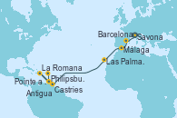 Visitando Savona (Italia), Barcelona, Málaga, Las Palmas de Gran Canaria (España), Antigua (Antillas), Philipsburg (St. Maarten), La Romana (República Dominicana), Castries (Santa Lucía/Caribe), Pointe a Pitre (Guadalupe)