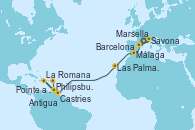 Visitando Marsella (Francia), Savona (Italia), Barcelona, Málaga, Las Palmas de Gran Canaria (España), Antigua (Antillas), Philipsburg (St. Maarten), La Romana (República Dominicana), Castries (Santa Lucía/Caribe), Pointe a Pitre (Guadalupe)