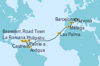Visitando Savona (Italia), Barcelona, Málaga, Las Palmas de Gran Canaria (España), Antigua (Antillas), Philipsburg (St. Maarten), La Romana (República Dominicana), Castries (Santa Lucía/Caribe), Pointe a Pitre (Guadalupe), Philipsburg (St. Maarten), Basseterre (Antillas), Road Town (Isla Tórtola/Islas Vírgenes), La Romana (República Dominicana)