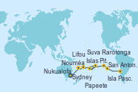 Visitando Sydney (Australia), Nouméa (Nueva Caledonia), Lifou (Isla Loyalty/Nueva Caledonia), Suva (Fiyi), Nukualofa (Tongatapu), Rarotonga (Islas Cook), Papeete (Tahití), Islas Pitcairn (Pacífico), Isla Pascua (Chile), San Antonio (Chile)