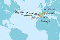 Visitando Halifax (Canadá), Ponta Delgada (Azores), Ponta Delgada (Azores), Lisboa (Portugal), Cádiz (España), Málaga, Marsella (Francia), Barcelona