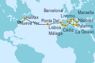 Visitando Nueva York (Estados Unidos), Halifax (Canadá), Ponta Delgada (Azores), Ponta Delgada (Azores), Lisboa (Portugal), Cádiz (España), Málaga, Marsella (Francia), Barcelona, La Goulette (Tunez), Palermo (Italia), Nápoles (Italia), Livorno, Pisa y Florencia (Italia)