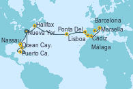 Visitando Nueva York (Estados Unidos), Puerto Cañaveral (Florida), Ocean Cay MSC Marine Reserve (Bahamas), Nassau (Bahamas), Nueva York (Estados Unidos), Halifax (Canadá), Ponta Delgada (Azores), Ponta Delgada (Azores), Lisboa (Portugal), Cádiz (España), Málaga, Marsella (Francia), Barcelona