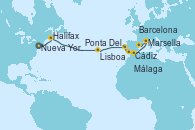 Visitando Nueva York (Estados Unidos), Halifax (Canadá), Ponta Delgada (Azores), Ponta Delgada (Azores), Lisboa (Portugal), Cádiz (España), Málaga, Marsella (Francia), Barcelona