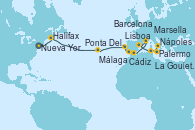 Visitando Nueva York (Estados Unidos), Halifax (Canadá), Ponta Delgada (Azores), Ponta Delgada (Azores), Lisboa (Portugal), Cádiz (España), Málaga, Marsella (Francia), Barcelona, La Goulette (Tunez), Palermo (Italia), Nápoles (Italia)