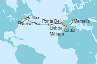 Visitando Nueva York (Estados Unidos), Halifax (Canadá), Ponta Delgada (Azores), Ponta Delgada (Azores), Lisboa (Portugal), Cádiz (España), Málaga, Marsella (Francia)