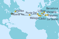 Visitando Nueva York (Estados Unidos), Halifax (Canadá), Ponta Delgada (Azores), Ponta Delgada (Azores), Lisboa (Portugal), Cádiz (España), Málaga, Marsella (Francia), Barcelona, La Goulette (Tunez), Palermo (Italia)