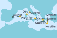 Visitando Valencia, Palma de Mallorca (España), Katakolon (Olimpia/Grecia), Heraklion (Creta), Santorini (Grecia), Mykonos (Grecia), Palermo (Italia), Olbia (Cerdeña), Civitavecchia (Roma)