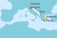 Visitando Ancona (Italia), Venecia (Italia), Kotor (Montenegro), Mykonos (Grecia), Mykonos (Grecia), Siros (Grecia), Ancona (Italia)