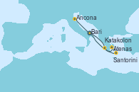 Visitando Bari (Italia), Atenas (Grecia), Santorini (Grecia), Katakolon (Olimpia/Grecia), Ancona (Italia)
