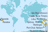Visitando Papeete (Tahití), Raiatea (Polinesia Francesa), Suva (Fiyi), Dravuni (Fiji), Isla Mystery (Vanuatu), Lifou (Isla Loyalty/Nueva Caledonia), Waitangi (Islas Bay/Nueva Zelanda), Auckland (Nueva Zelanda), Auckland (Nueva Zelanda), Wellington (Nueva Zelanda), Nelson (Nueva Zelanda), Kaikoura (Nueva Zelanda), Akaroa (Nueva Zelanda), Timaru (Nueva Zelanda), Port Chalmers (Nueva Zelanda), OBAN (HALFMOON BAY), Sydney (Australia)